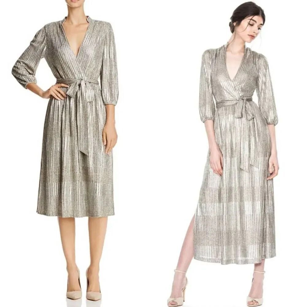 Alice + Olivia Silver Metallic Pleated Midi Wrap Dress